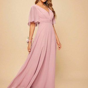 Pink Butterfly Sleeve Ruched Front Bridesmaid Dress